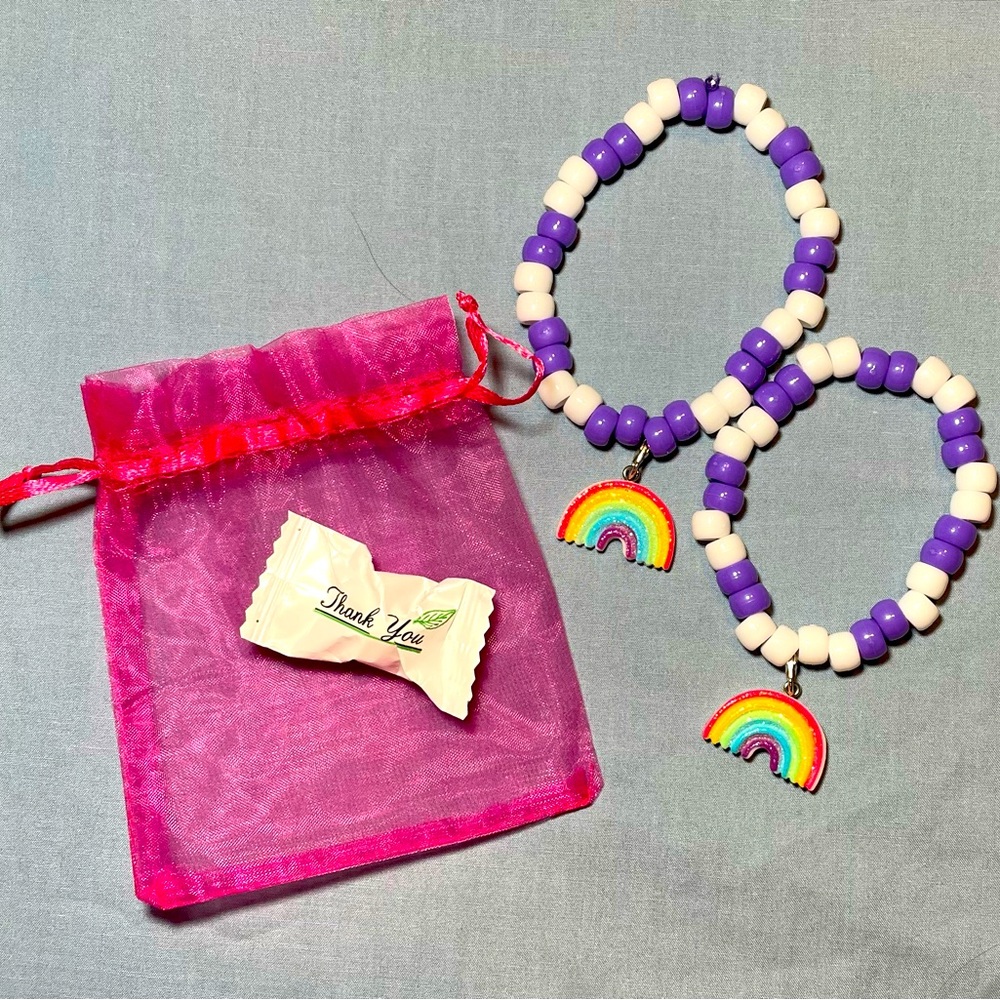 2 pc. Purple and white bead anklet/bracelet set with rainbow charms. For teens.